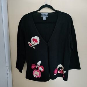 Nouveaux Black Floral Embroidery Sweater Cardigan XL Boho Office Chic